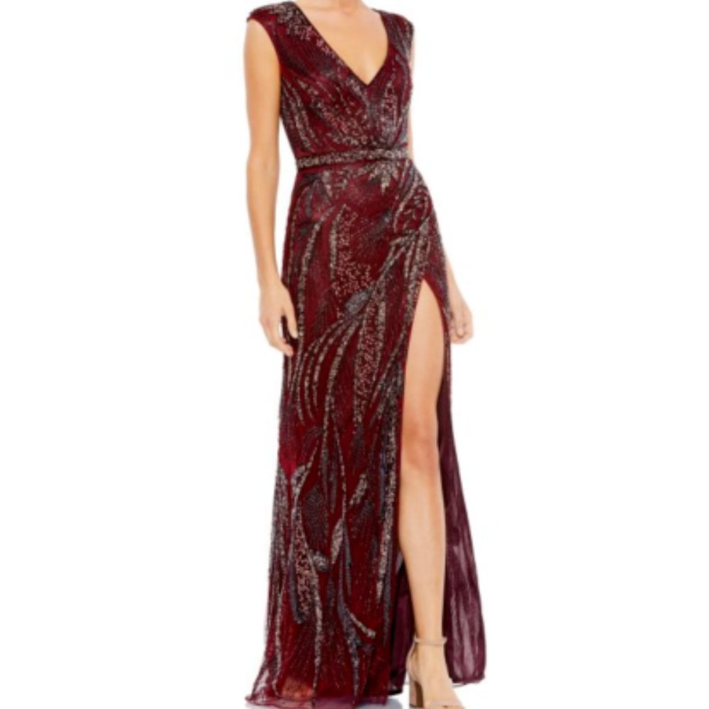 MAC DUGGAL 5227 BEADED CAP SLEEVE THIGH SLIT WINE/BURGUNDY GOWN sz 4